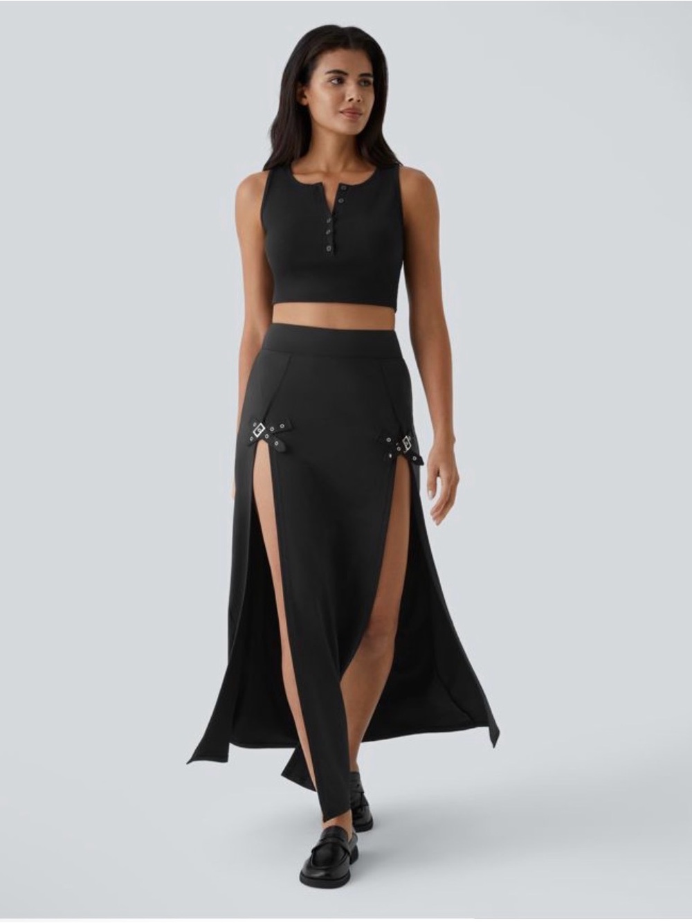 Halara Black High-Slit Maxi Skirt with Hardware buckle Accents